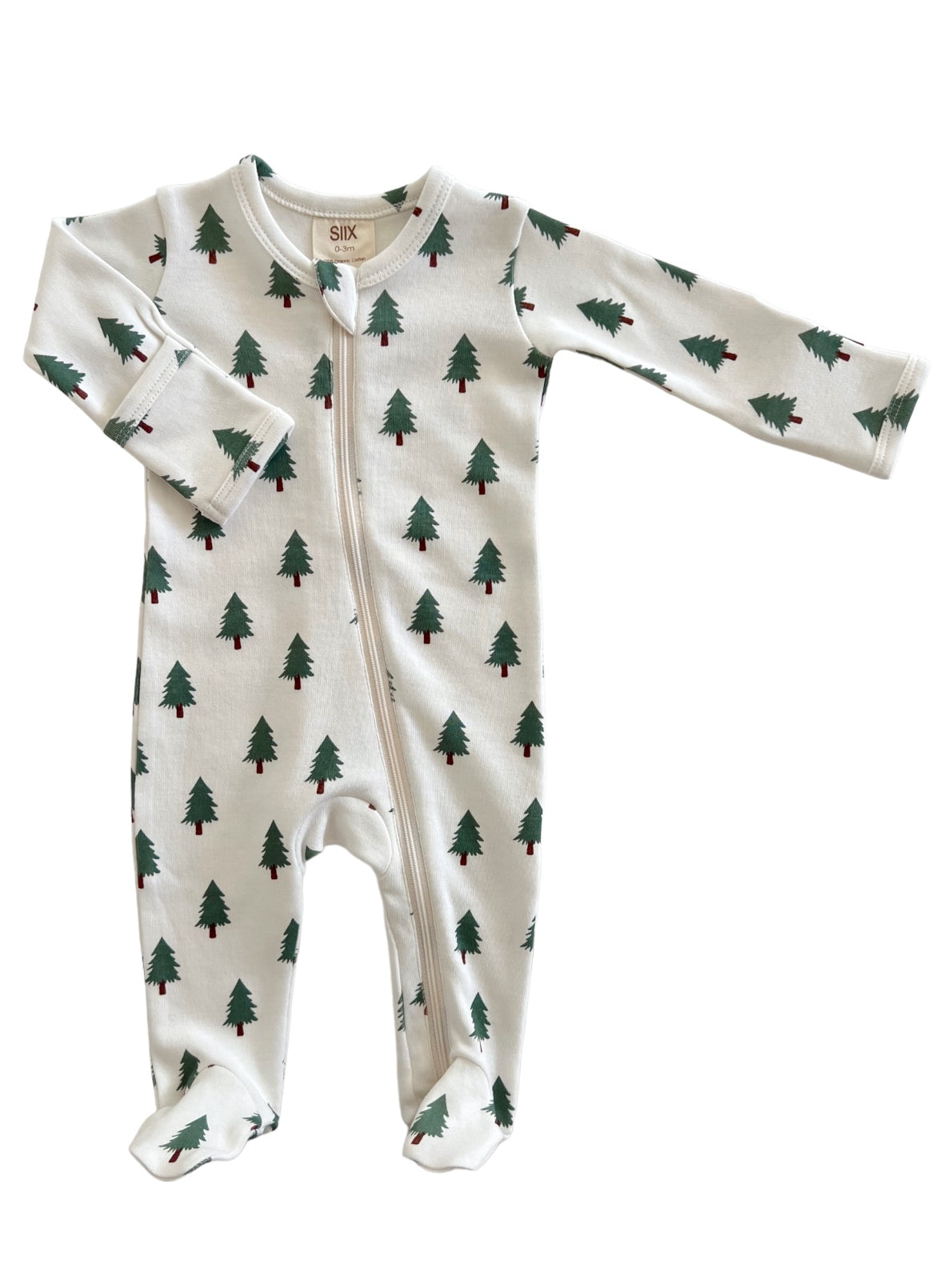White baby onesie with green Christmas tree prints and a front zipper. Perfect for the holiday season.