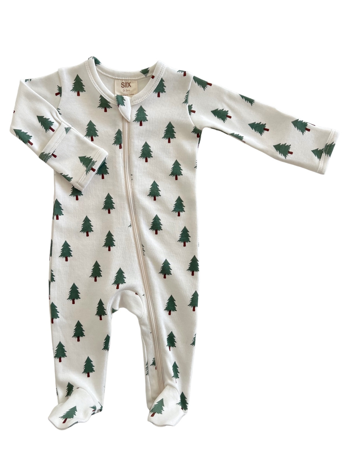 White baby onesie with green Christmas tree prints and a front zipper. Perfect for the holiday season.