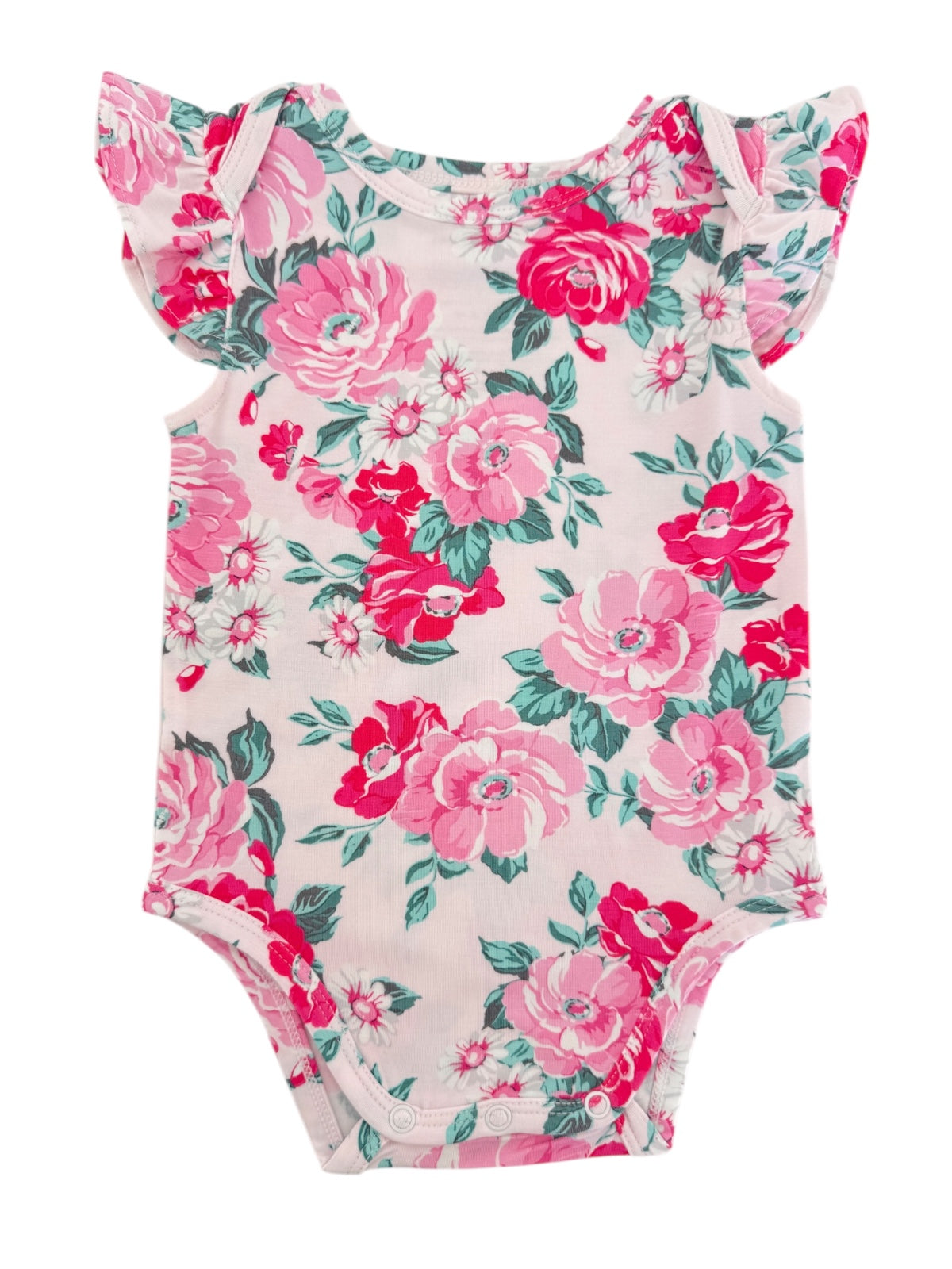 Floral baby onesie with pink and red flowers on a light background and ruffled sleeves.