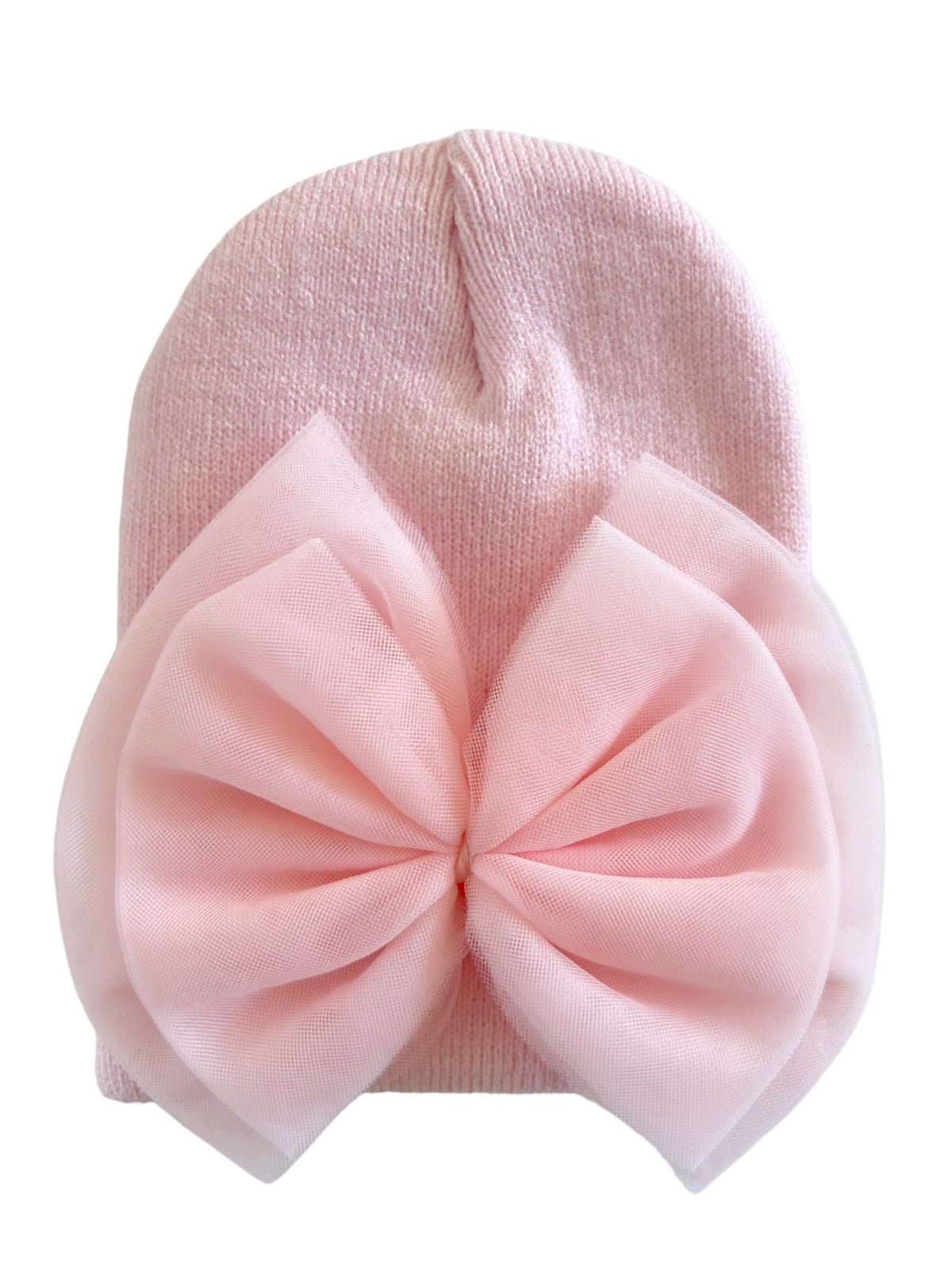 Pink beanie hat with a large, soft pink bow decoration on the front.
