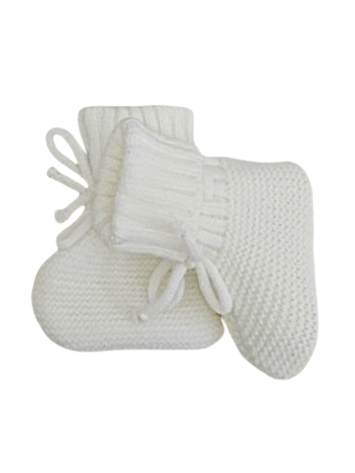 Cozy white knitted baby booties with a textured pattern and tied bows on the cuff.