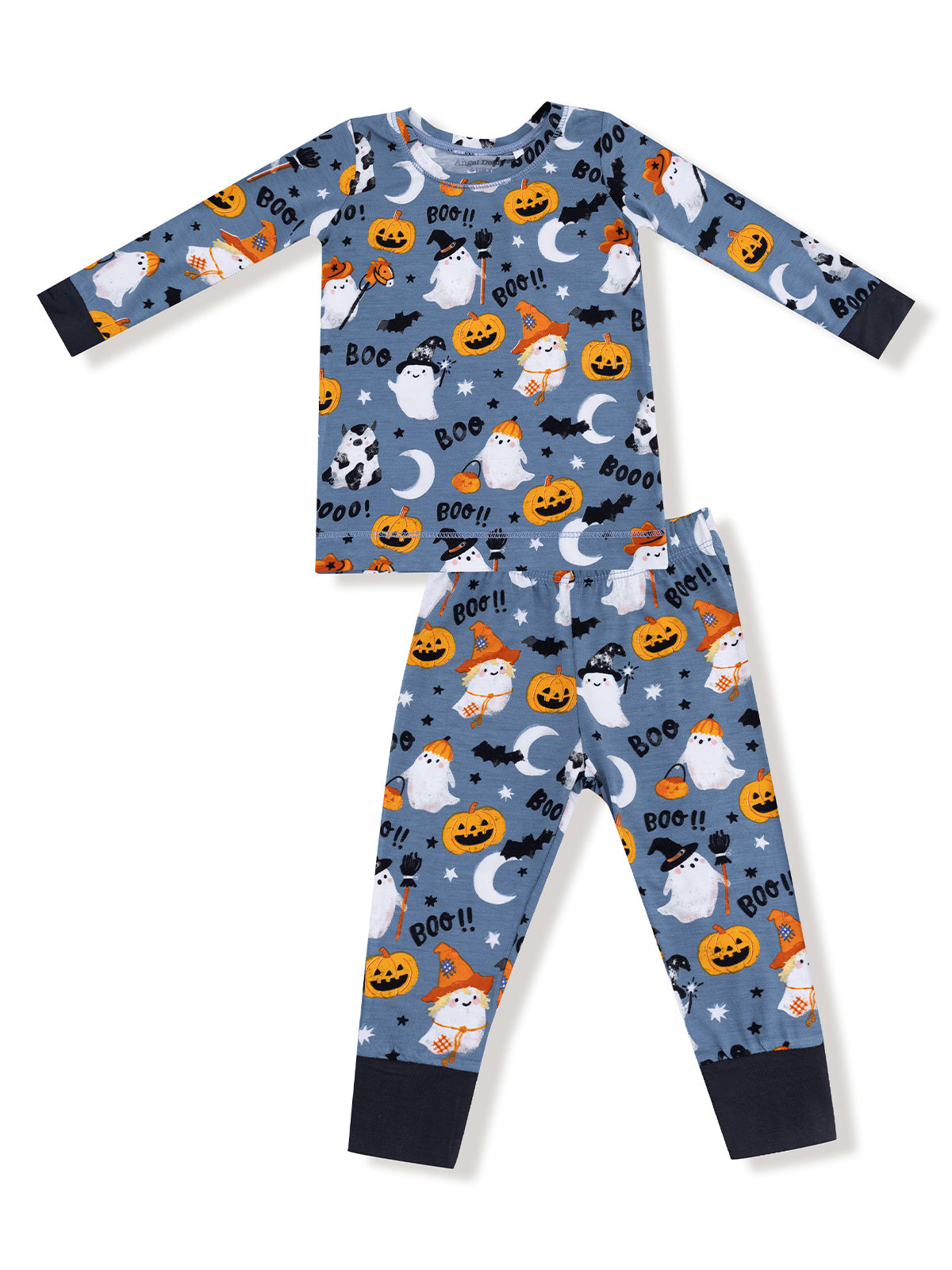 Halloween-themed kids' pajamas with ghosts, pumpkins, bats, and a night sky design. Perfect for festive sleepwear.