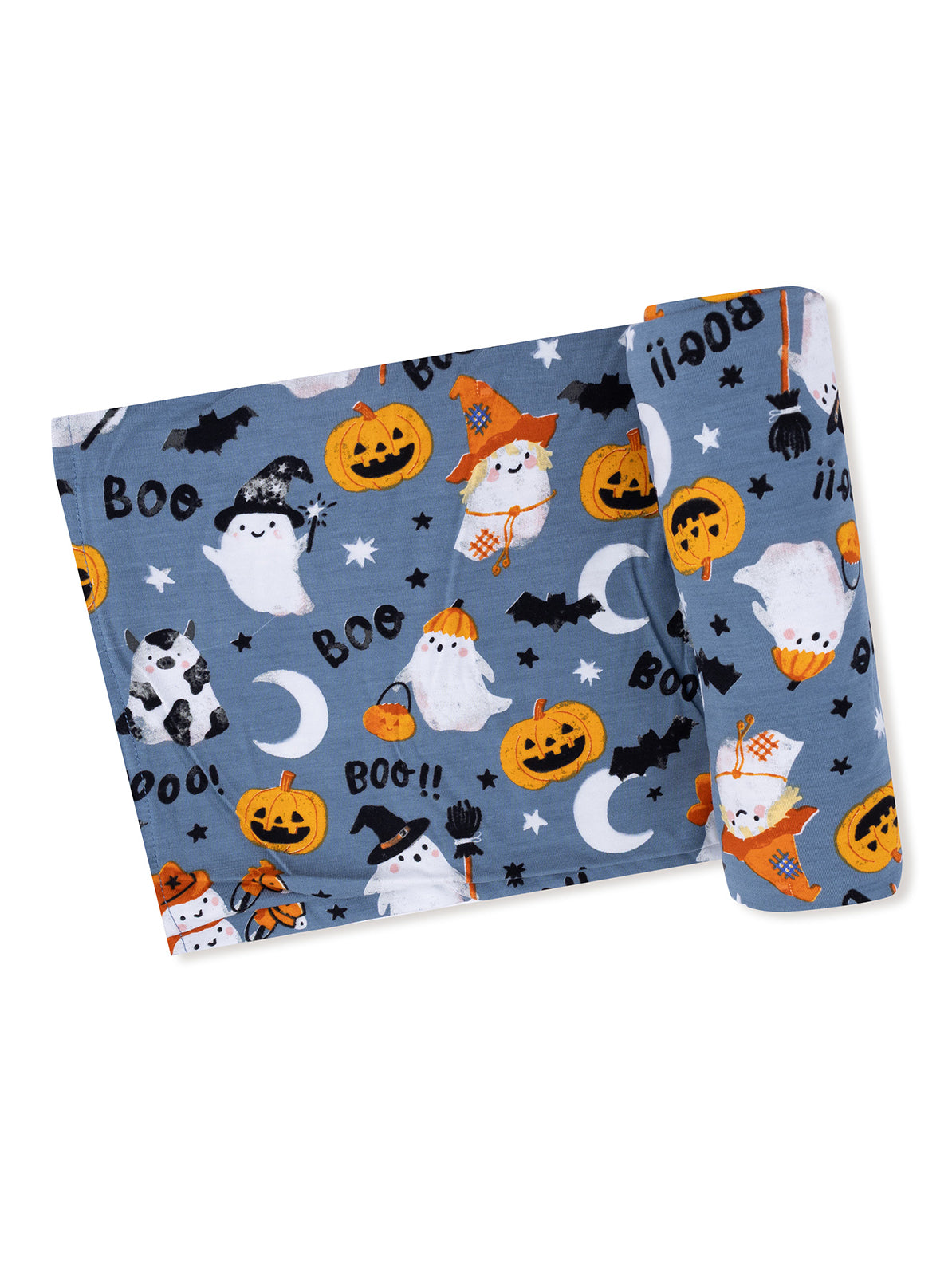 Blue fabric featuring cute ghosts, pumpkins, bats, and Halloween motifs, ideal for festive décor or clothing.