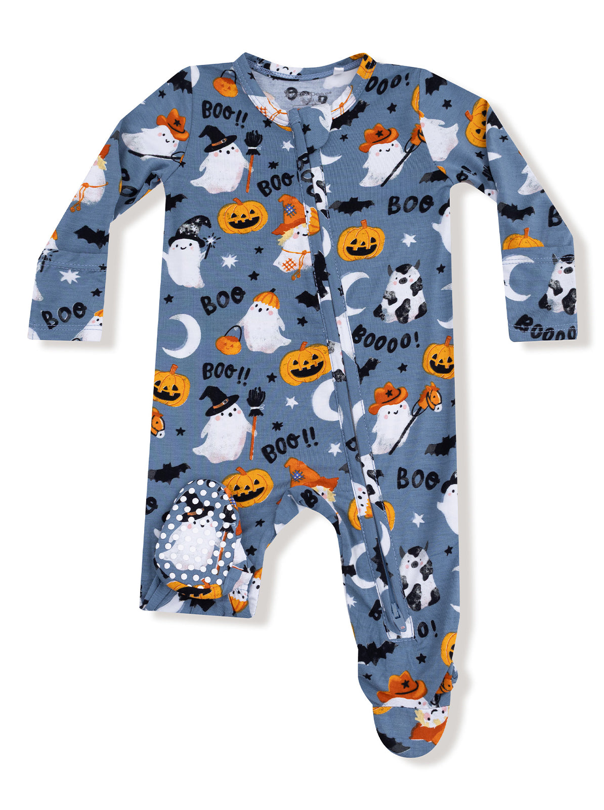 Halloween-themed baby onesie with ghosts, pumpkins, and bats on a blue background.