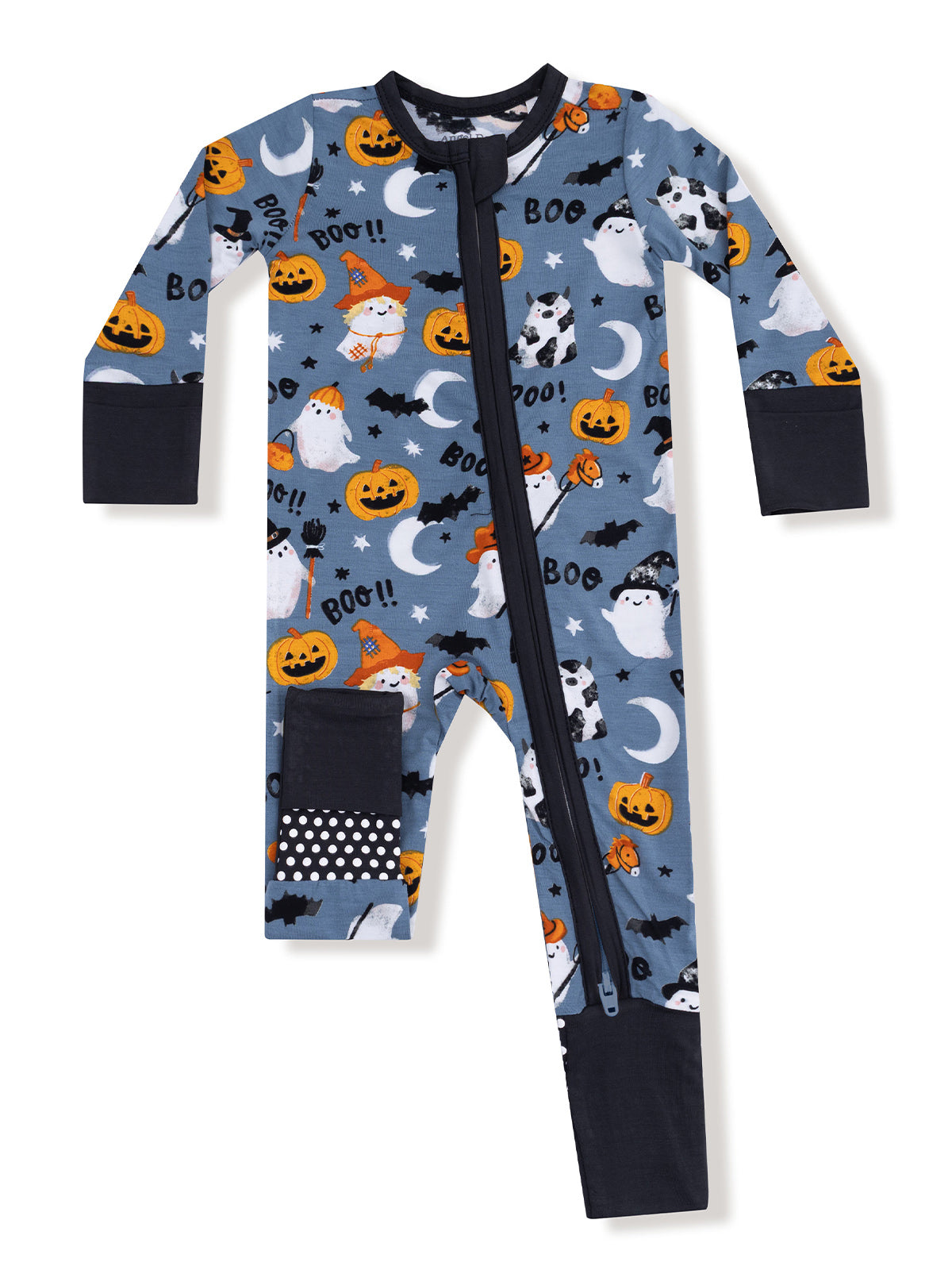 Children's Halloween pajama onesie featuring ghosts, pumpkins, bats, and a front zipper design.