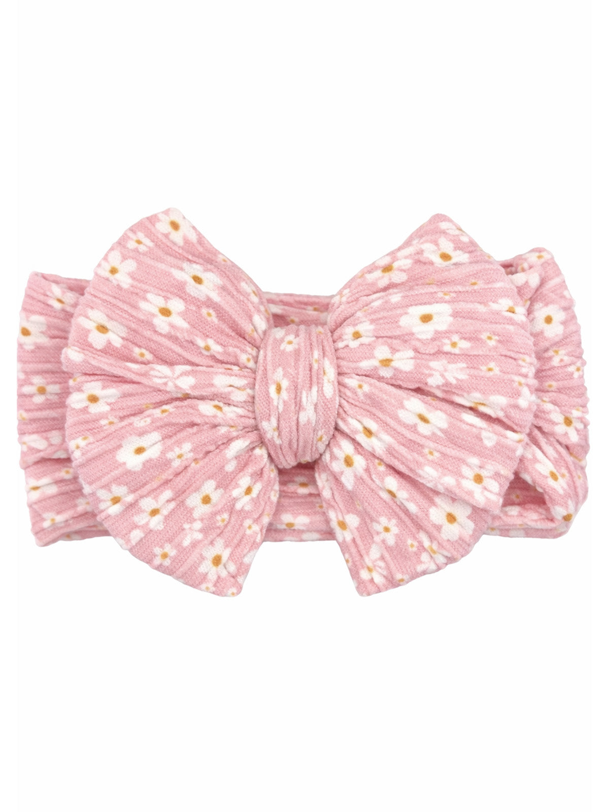 Pink hair bow with white and yellow floral pattern, crafted from soft fabric, perfect for accessories.