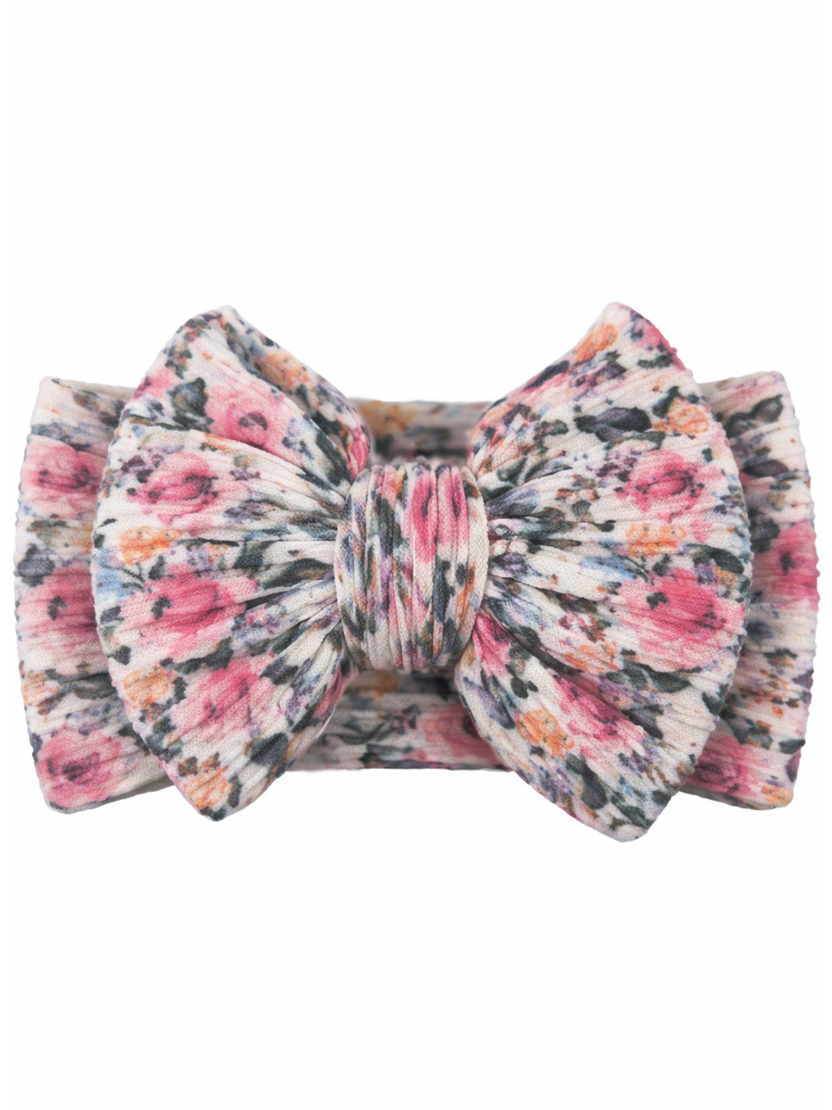 Floral stretchy hair bow featuring a mix of pink and purple flowers on a soft background.