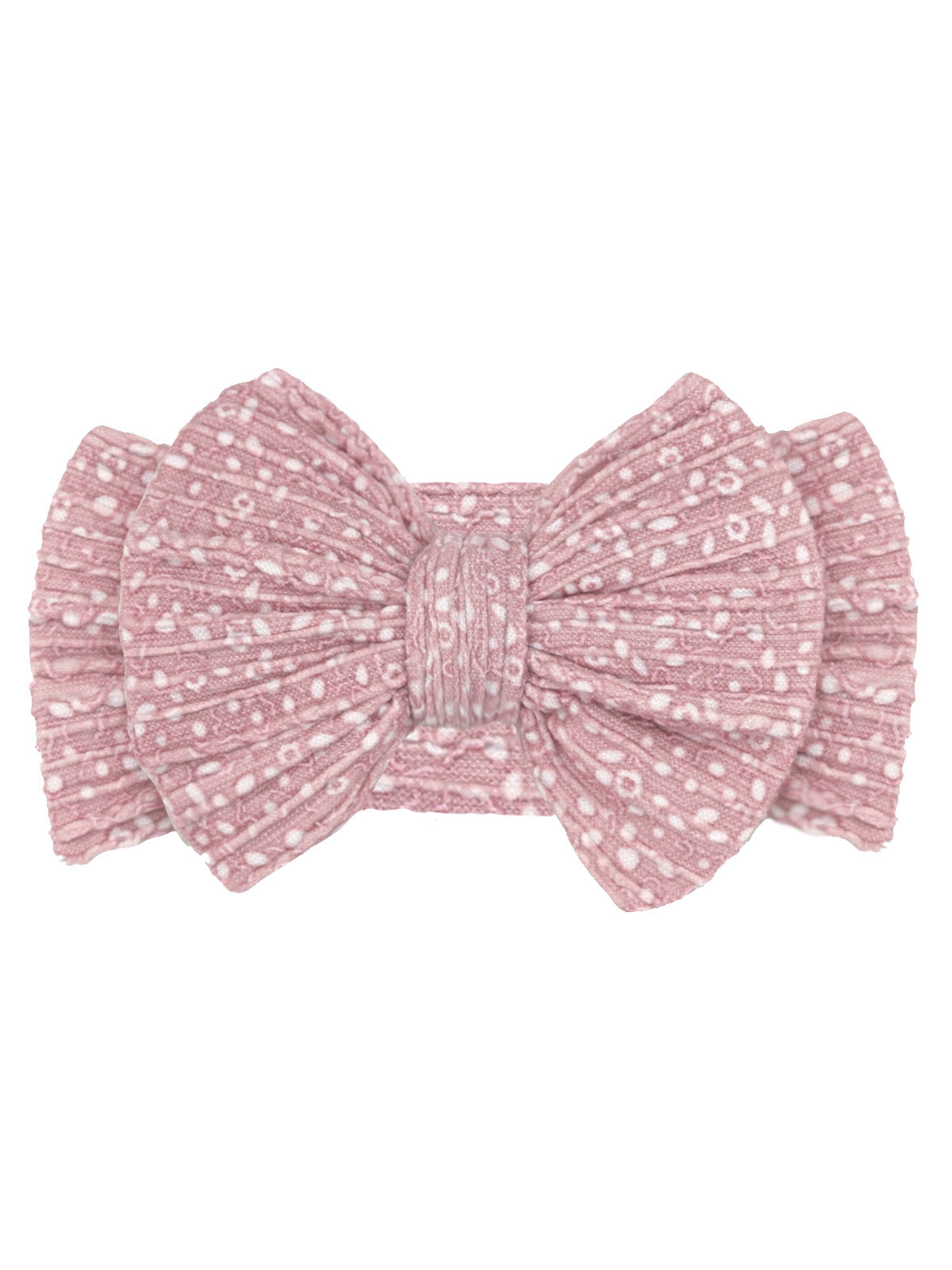 Pink fabric hair bow with textured pattern and a central knot detail. Ideal accessory for children or women's fashion.