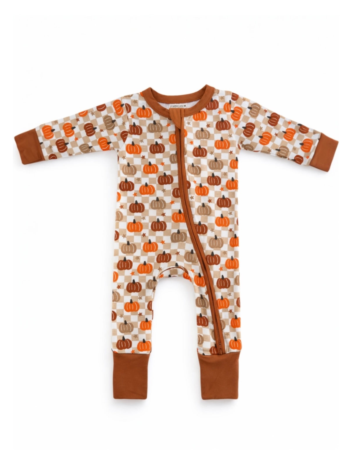 Infant zip-up romper with colorful pumpkin print on a cream background and brown accents.