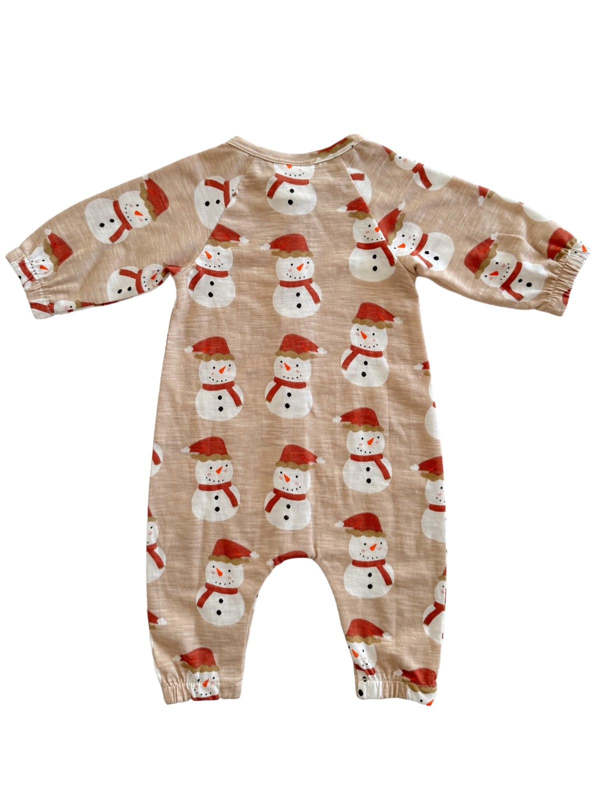 Beige baby romper with a snowman pattern and red hats. Ideal for winter holiday attire.