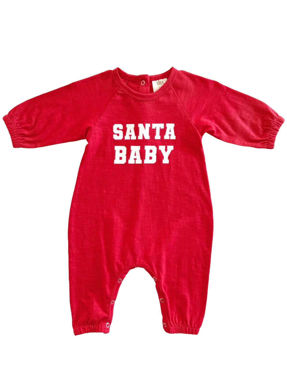 Red baby onesie with "SANTA BABY" printed in white text on the front.