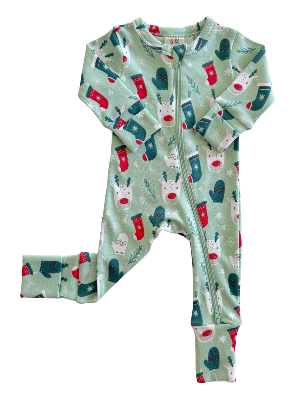 Light green children's onesie featuring reindeer and holiday-themed designs, with a front zipper closure.