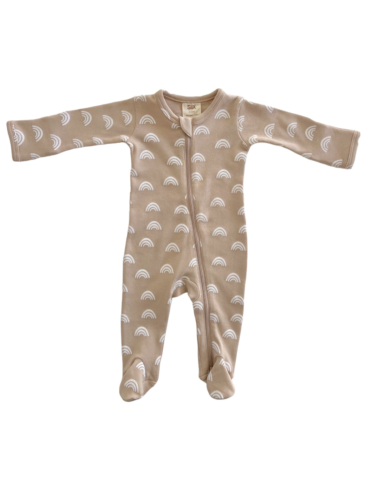 Tan baby onesie with white rainbow patterns and a front zipper, designed for comfort and style.