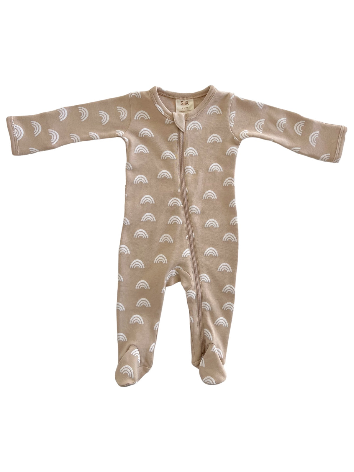 Tan baby onesie with white rainbow patterns and a front zipper, designed for comfort and style.