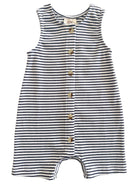 Striped infant romper with tank sleeves and button closure, featuring navy blue and white horizontal stripes.
