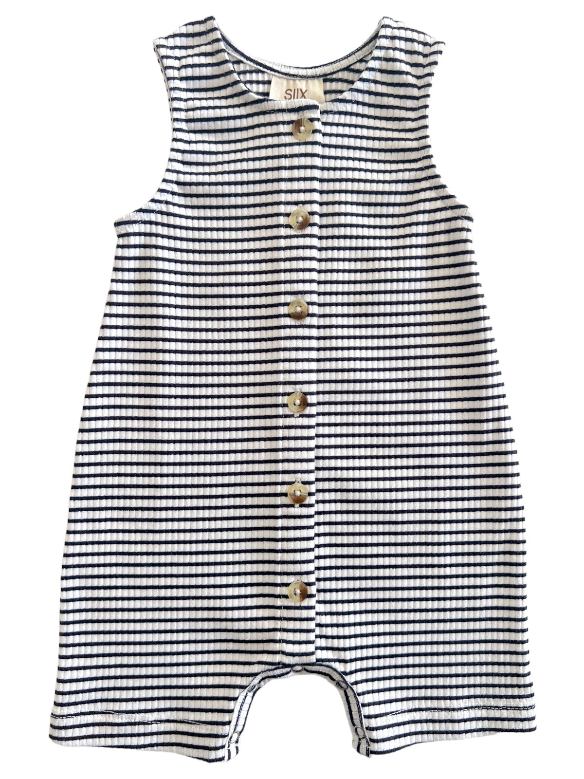 Striped infant romper with tank sleeves and button closure, featuring navy blue and white horizontal stripes.