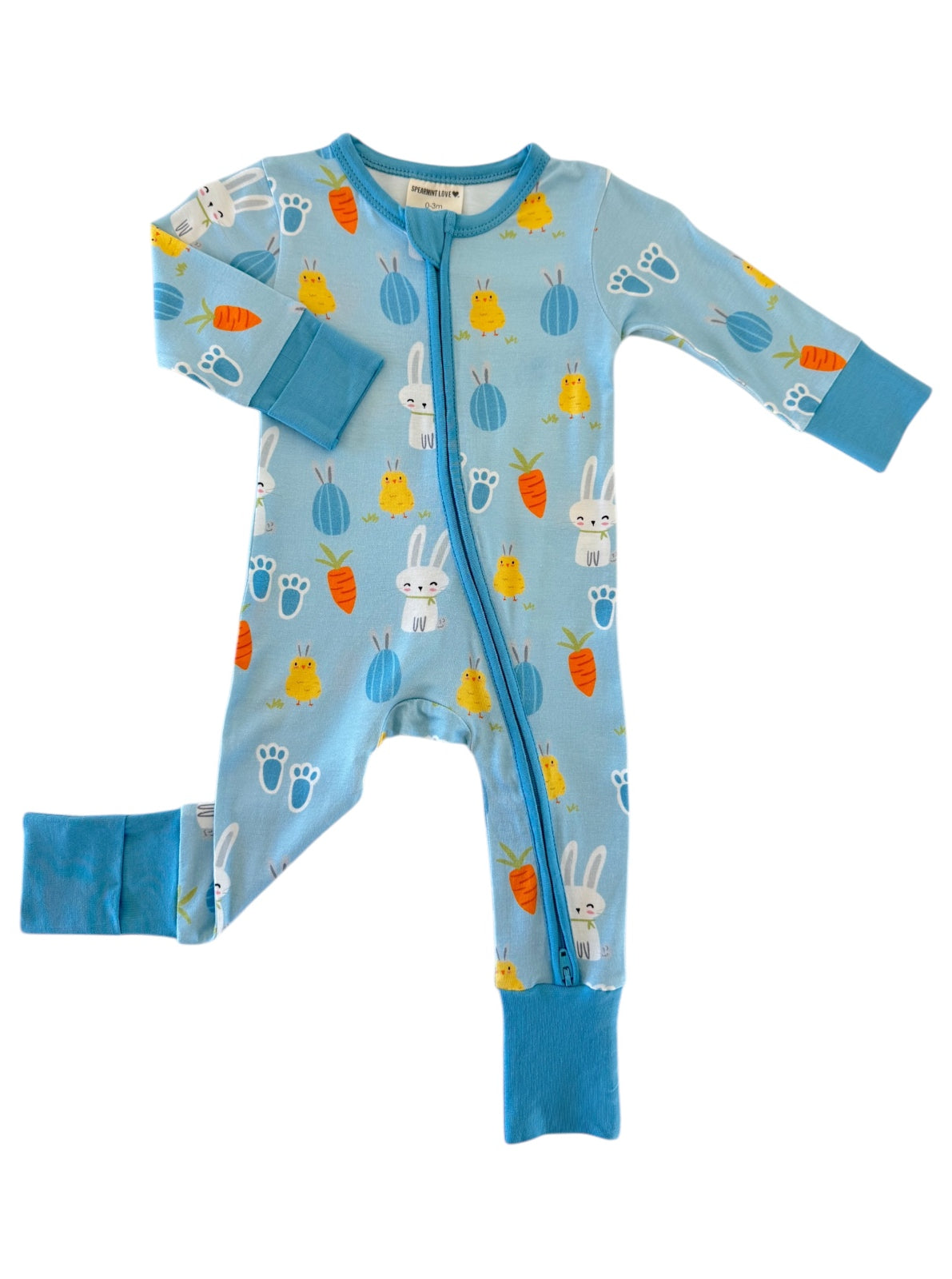 Light blue children's onesie with bunny and carrot patterns, featuring a front zipper and long sleeves.