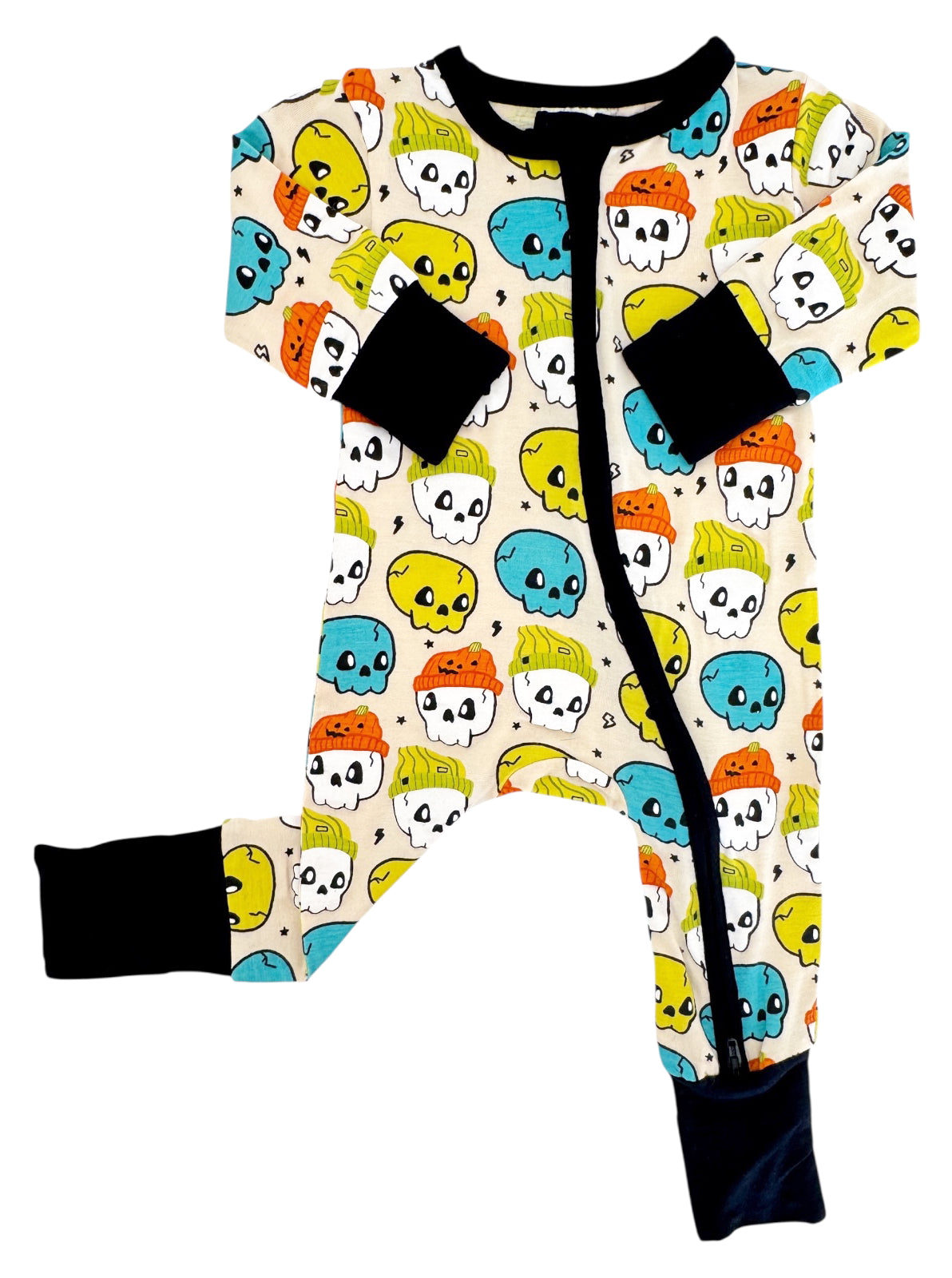 Colorful baby onesie featuring skull designs in bright colors, zip closure, and black cuffs.