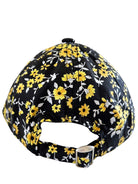 Floral-patterned black cap featuring yellow flowers, viewed from the back with an adjustable strap.