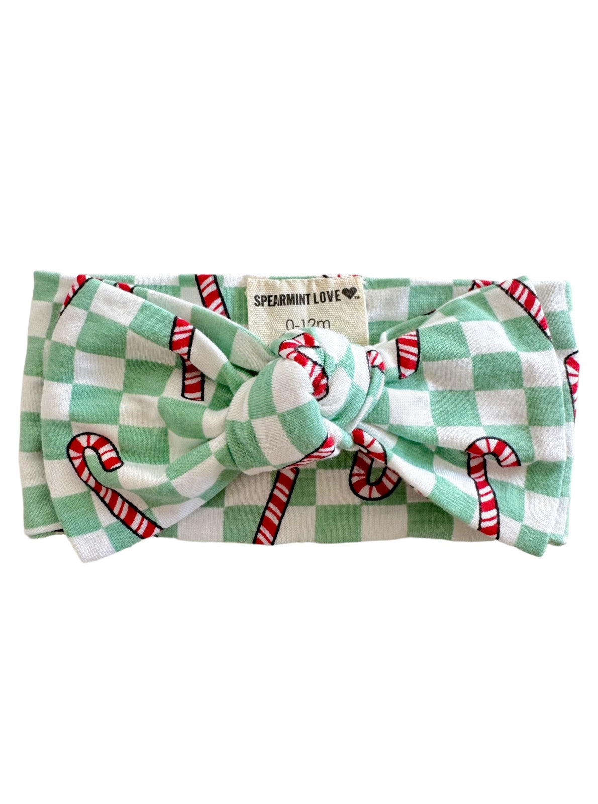 Green and white checkered bow headband with candy cane prints, suitable for infants 0-12 months.
