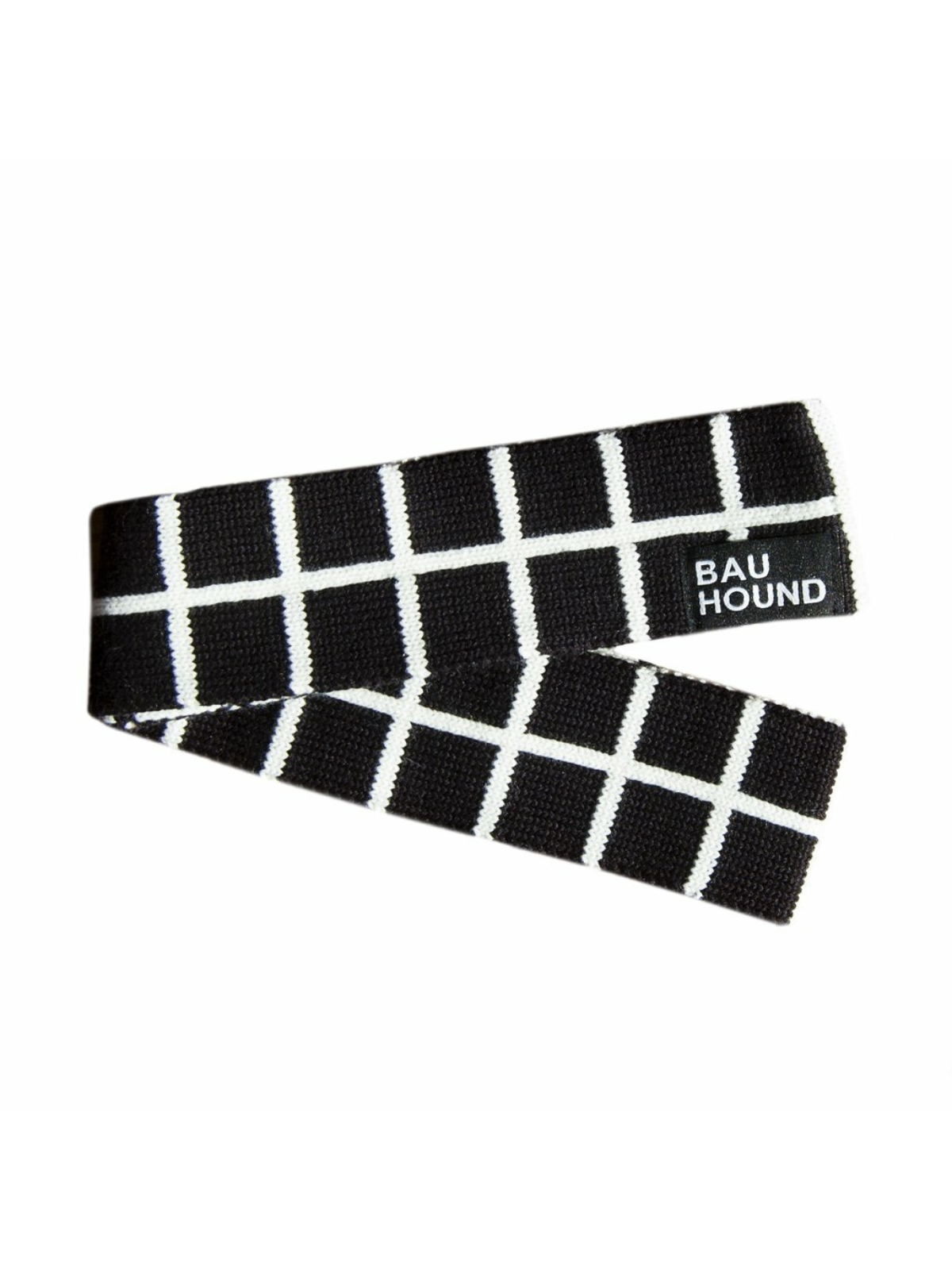 Black and white plaid ribbon with "BAU HOUND" label, ideal for crafts and accessories.