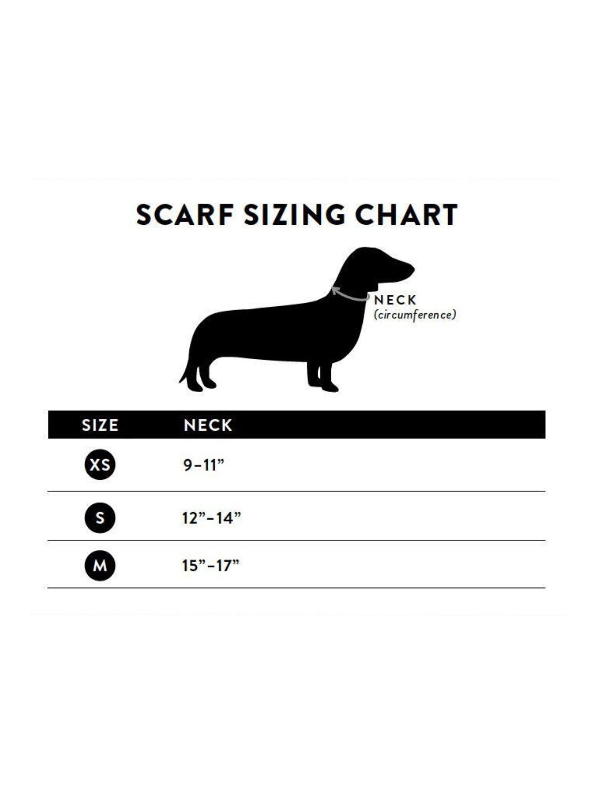 Scarf sizing chart for dogs showing sizes XS, S, and M with neck measurements.