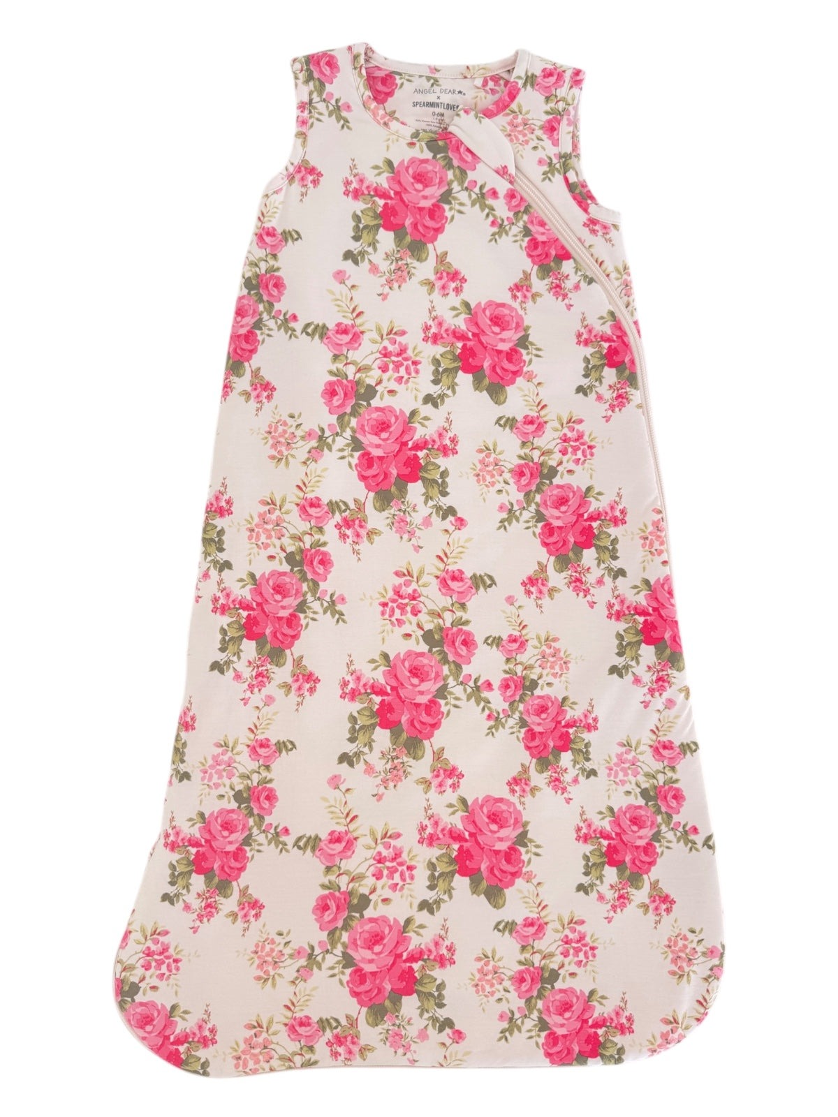 Floral baby sleep sack featuring pink roses on a cream background, ideal for comfort and style.