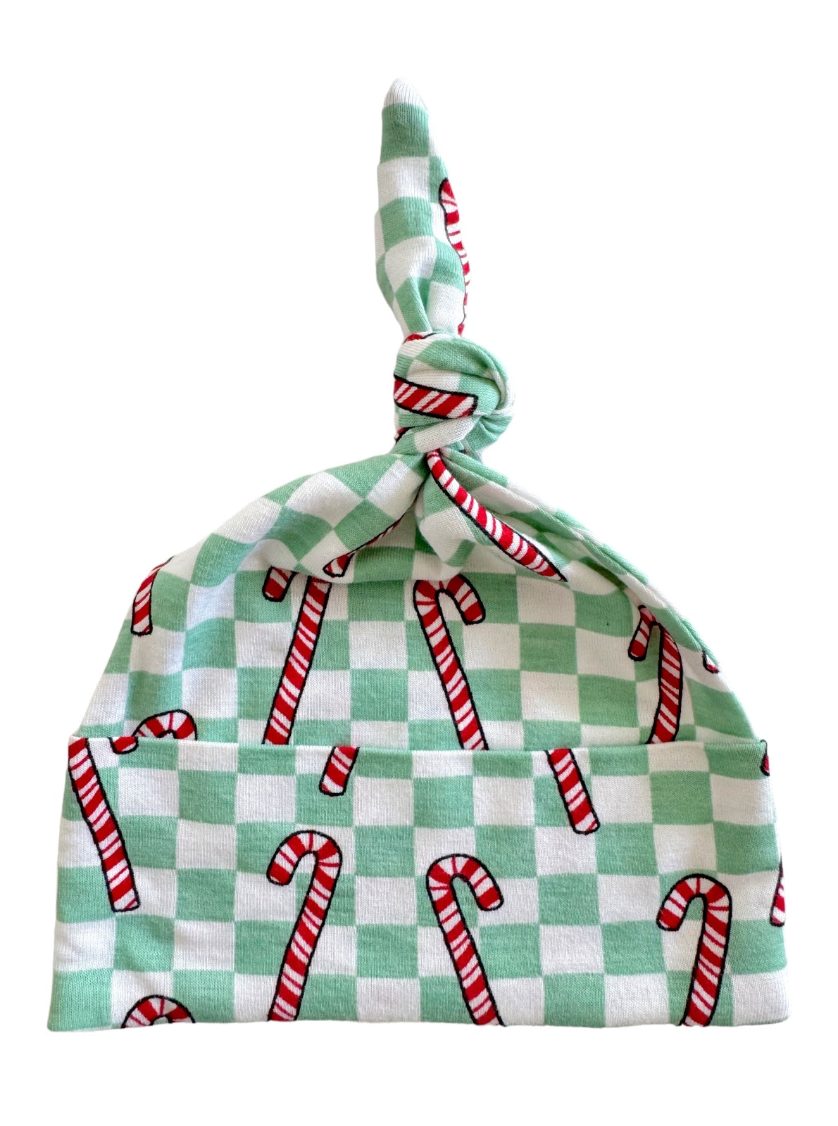 Green and white checkered baby hat featuring red and white candy cane patterns, tied at the top.