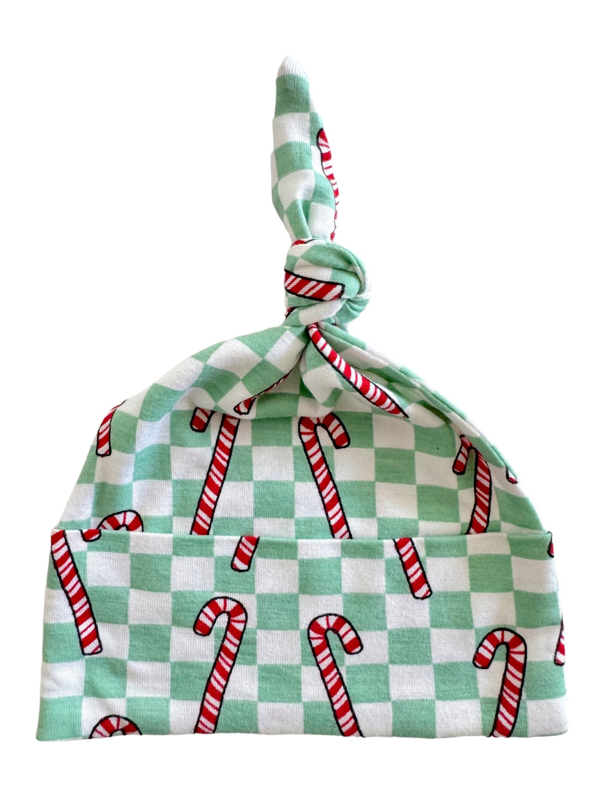 Green and white checkered baby hat featuring red and white candy cane patterns, tied at the top.
