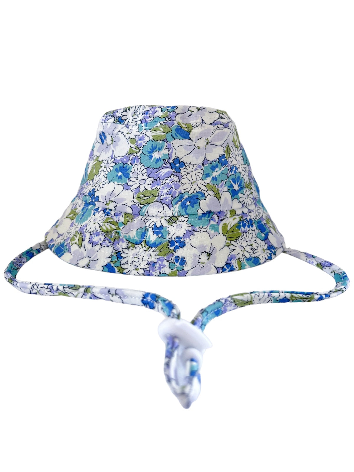 Floral-patterned bucket hat with a chin strap in shades of blue and green. Suitable for sun protection and style.