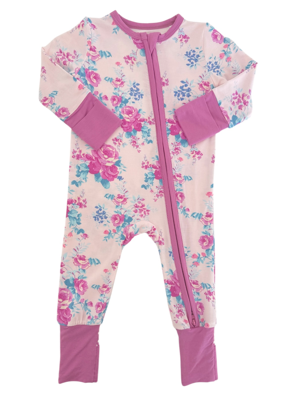 Floral-patterned children's pajama onesie in pink and purple with front zipper and long sleeves.