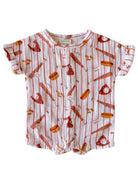 Baby romper with a playful print of baseball bats, balls, hotdogs, and snacks on a white background.