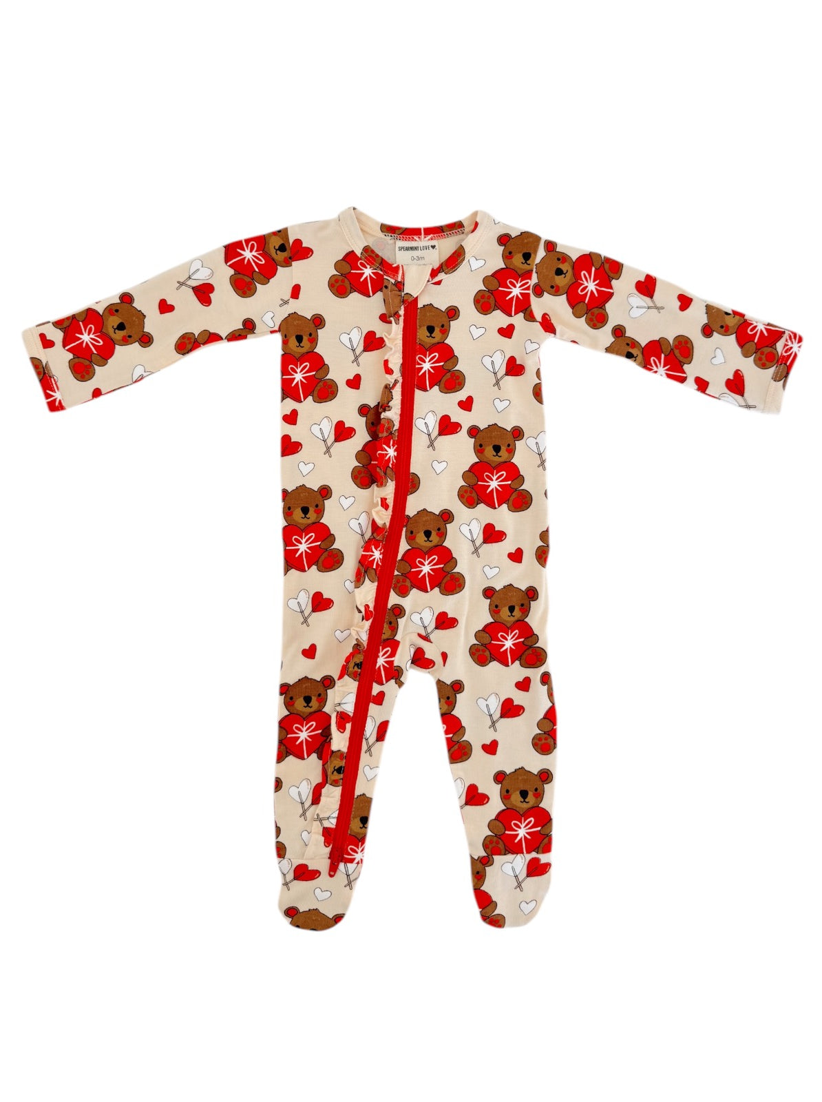 Baby onesie with bear and heart print, featuring long sleeves and a front zipper closure.