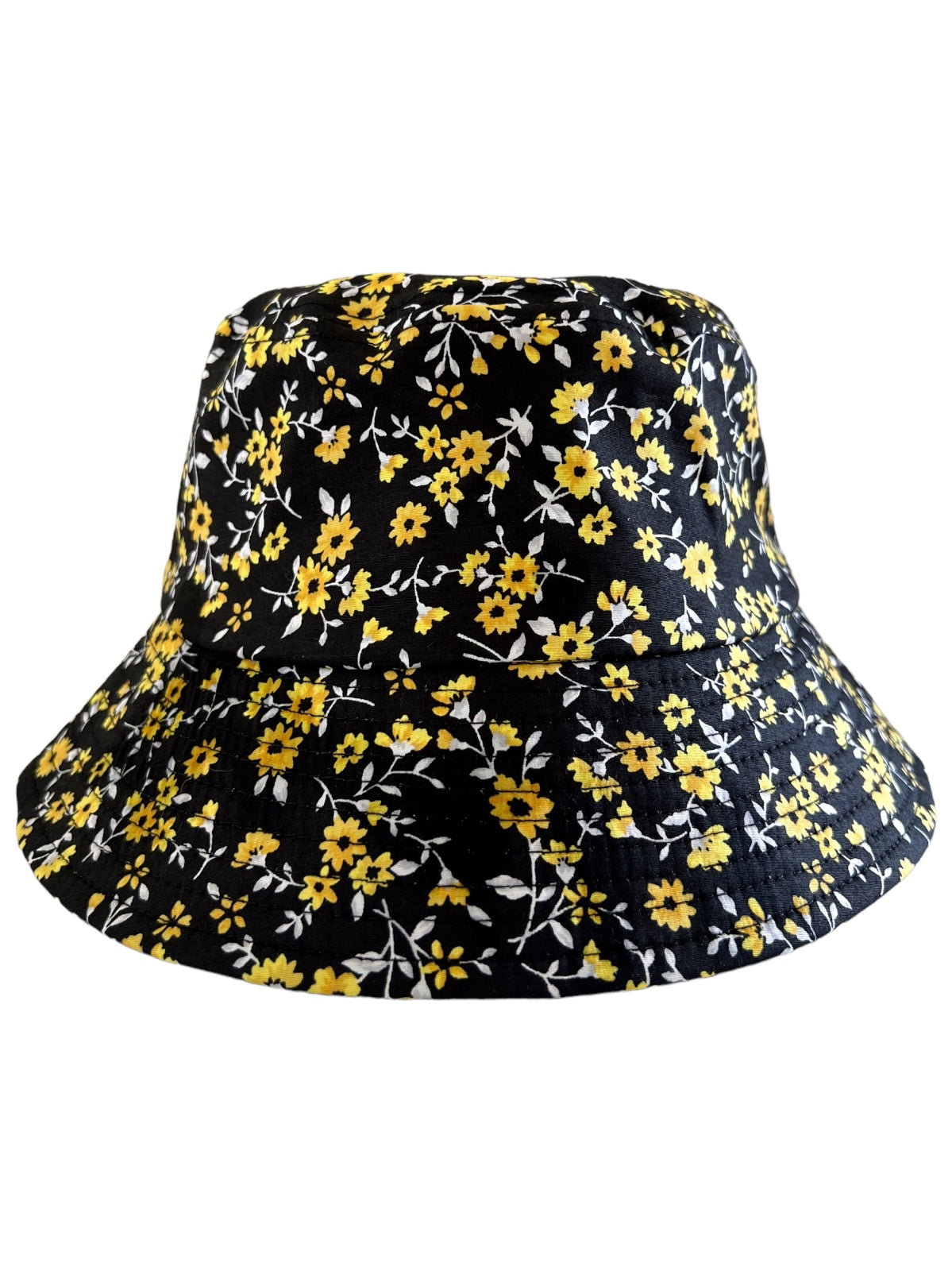 Black bucket hat with yellow floral print and white accents. Ideal for casual or outdoor wear.