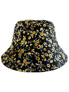 Black bucket hat with yellow floral print and white accents. Ideal for casual or outdoor wear.
