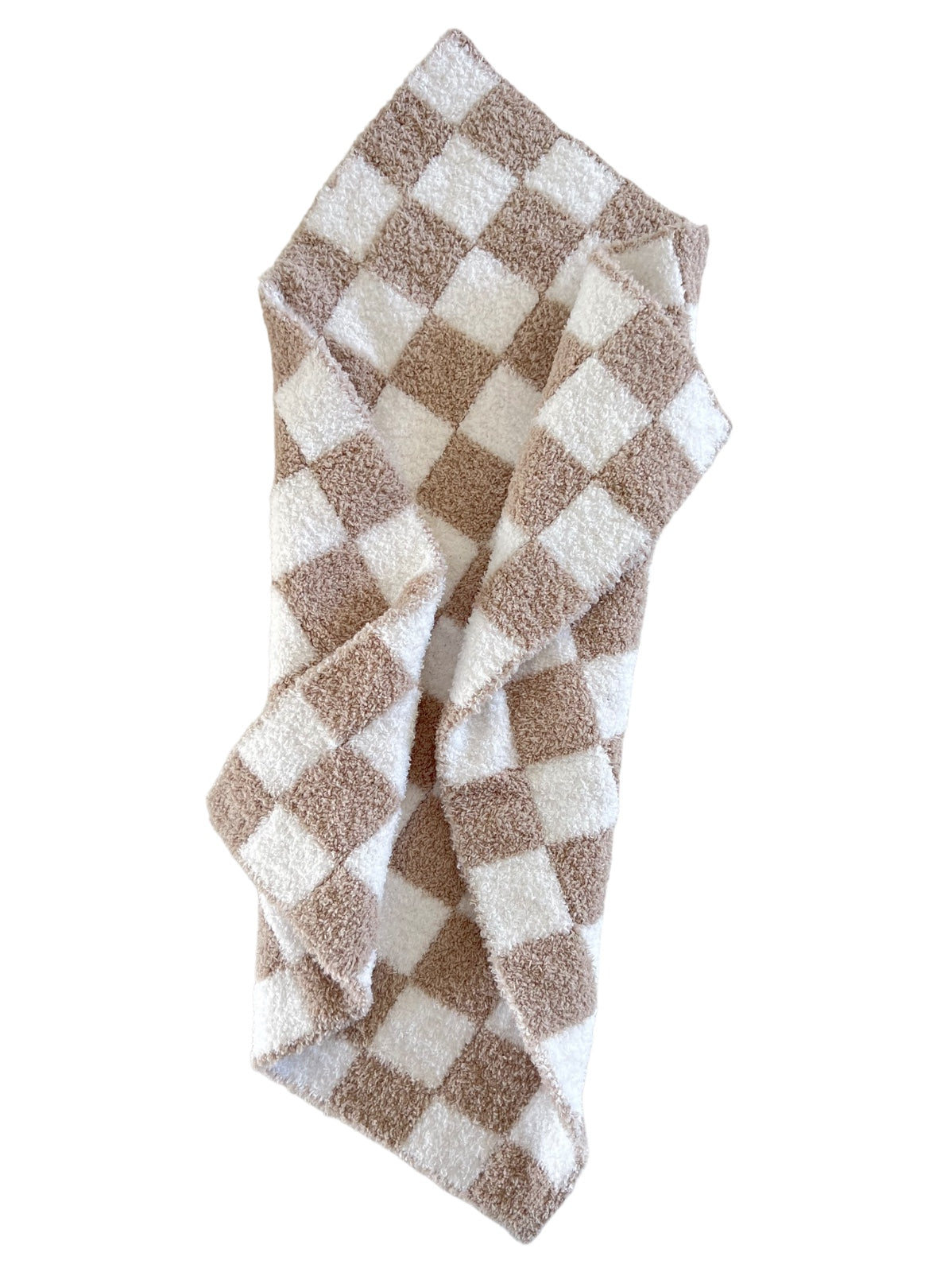 Brown and white checkered towel, soft and fluffy, folded and draped elegantly.