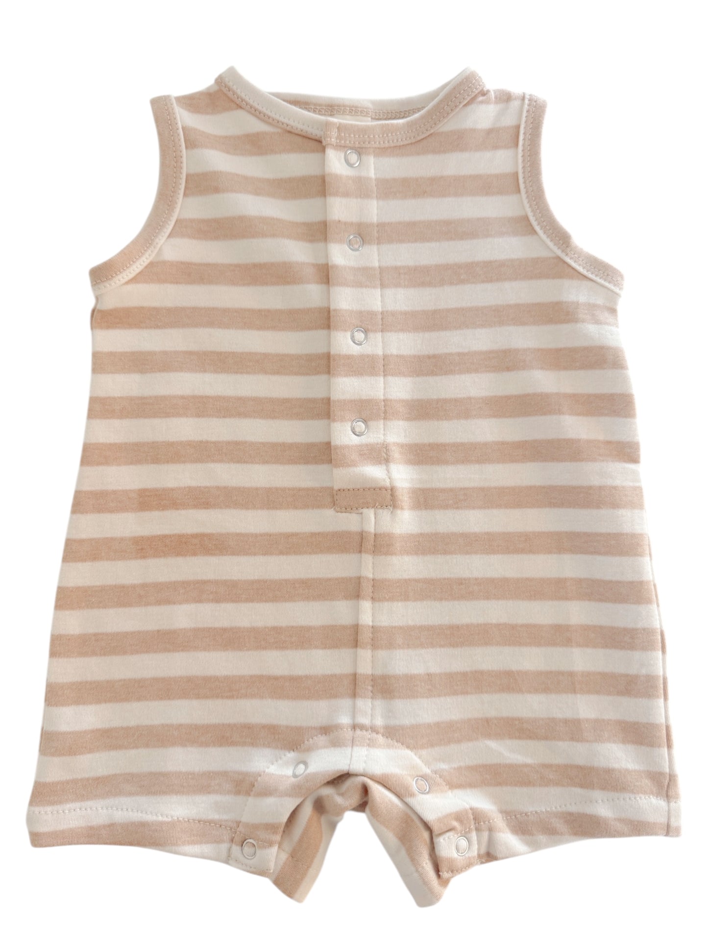 Beige and white striped baby romper with snap buttons, featuring sleeveless design and simple styling.