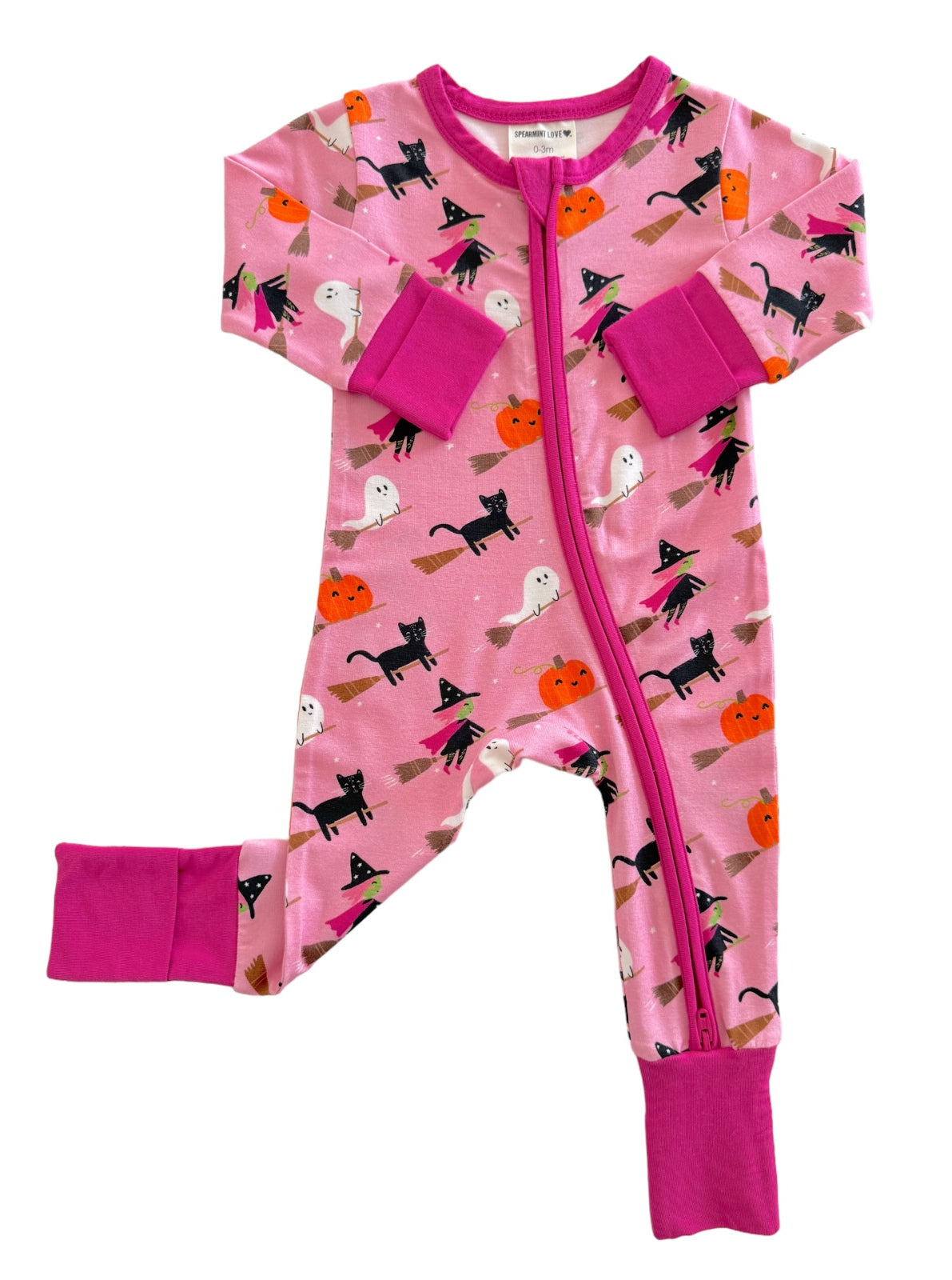 Pink Halloween-themed onesie featuring cats, ghosts, and pumpkins with a front zipper and long sleeves.