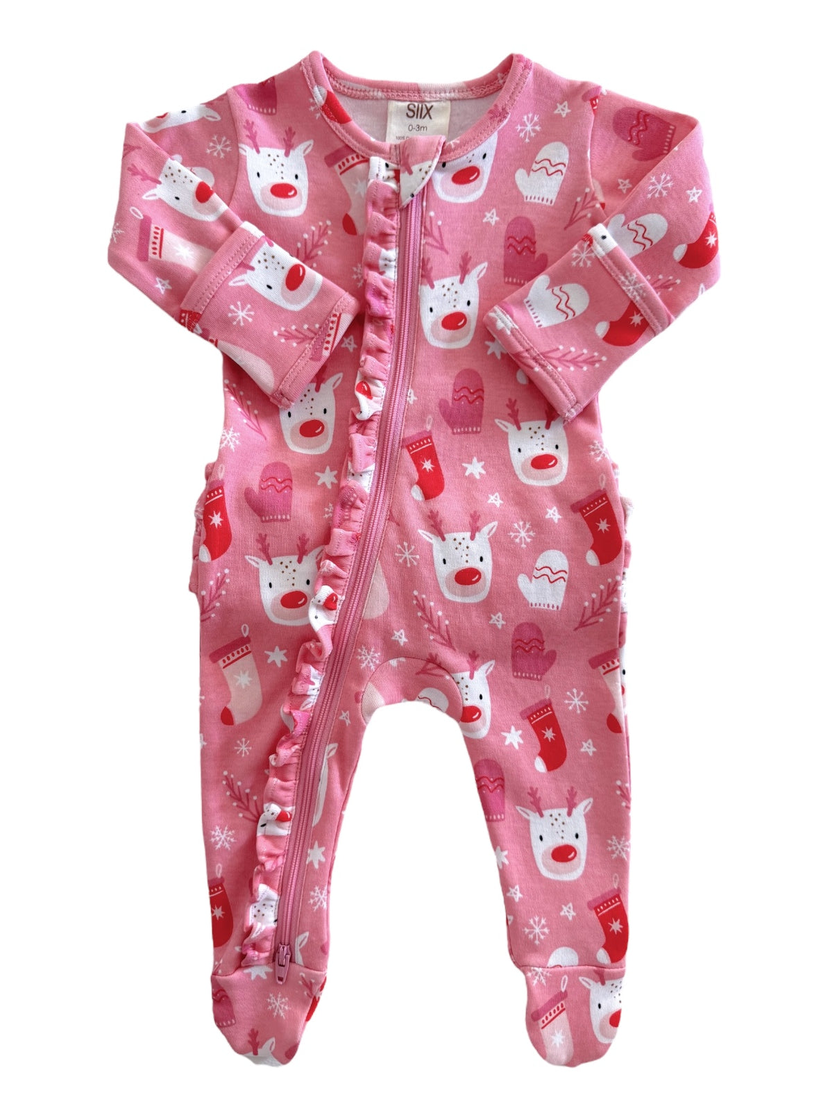 Pink holiday onesie with reindeer and mittens patterns, featuring front zipper and ruffled details.
