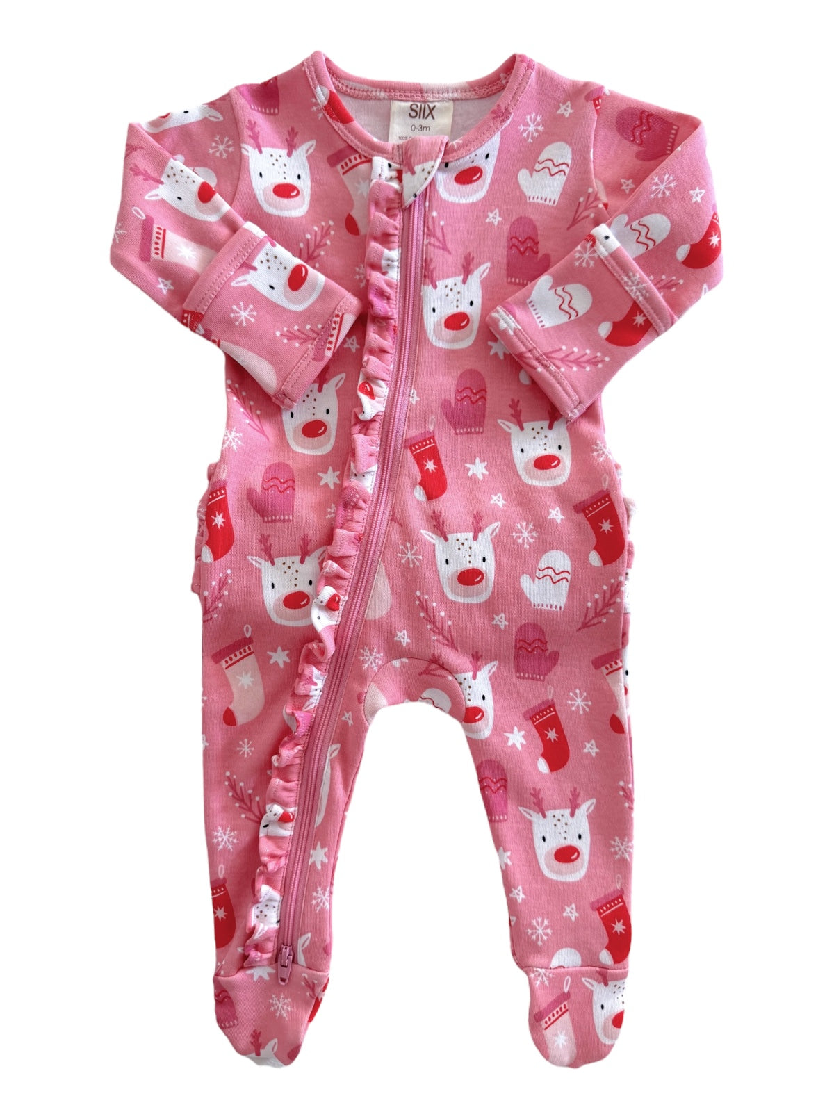 Pink holiday onesie with reindeer and mittens patterns, featuring front zipper and ruffled details.