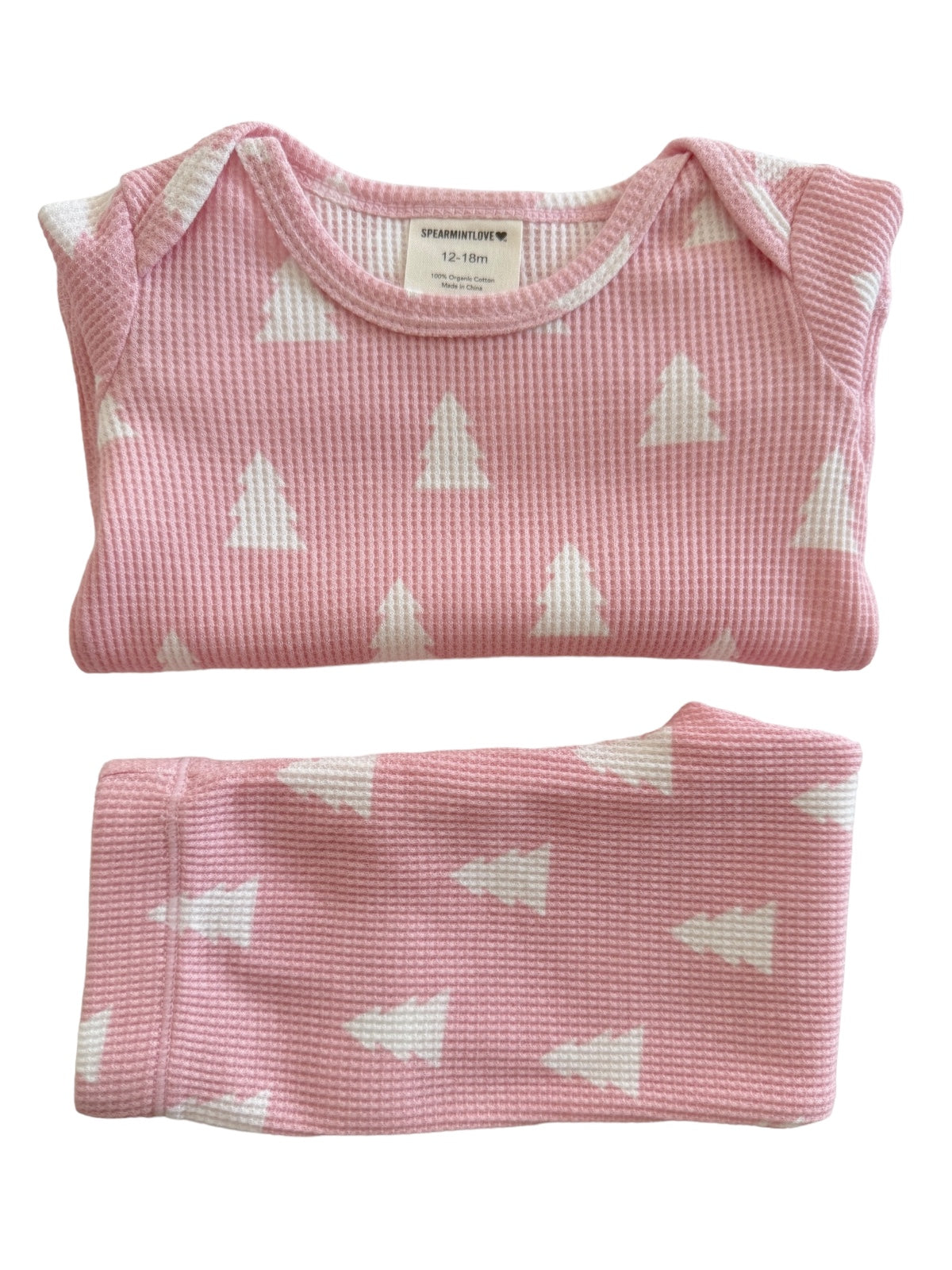 Pink baby outfit with white Christmas tree pattern, including a top and matching pants for ages 12-18 months.