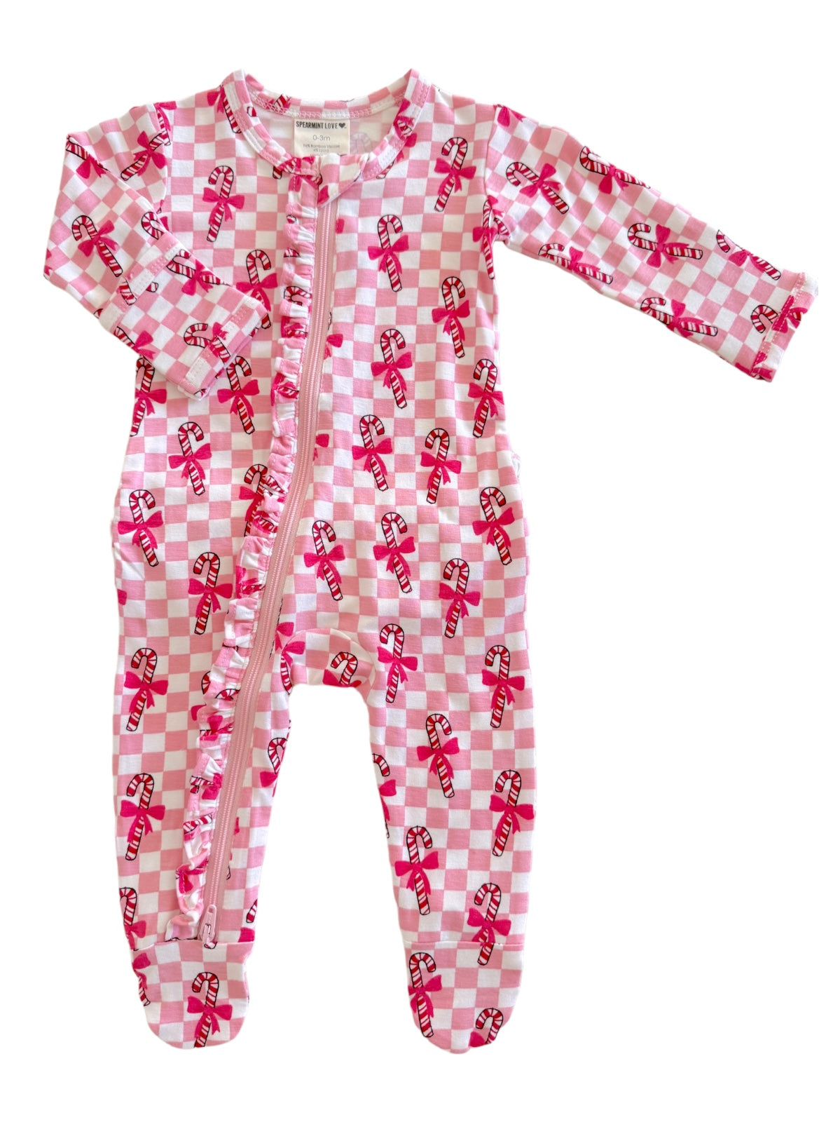 Pink checkered baby onesie with candy cane print and ruffle detail along the zipper. Perfect for festive occasions.
