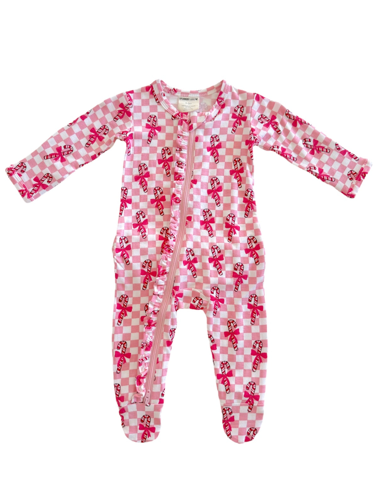 Pink checkered baby onesie featuring candy cane print and a front zipper.