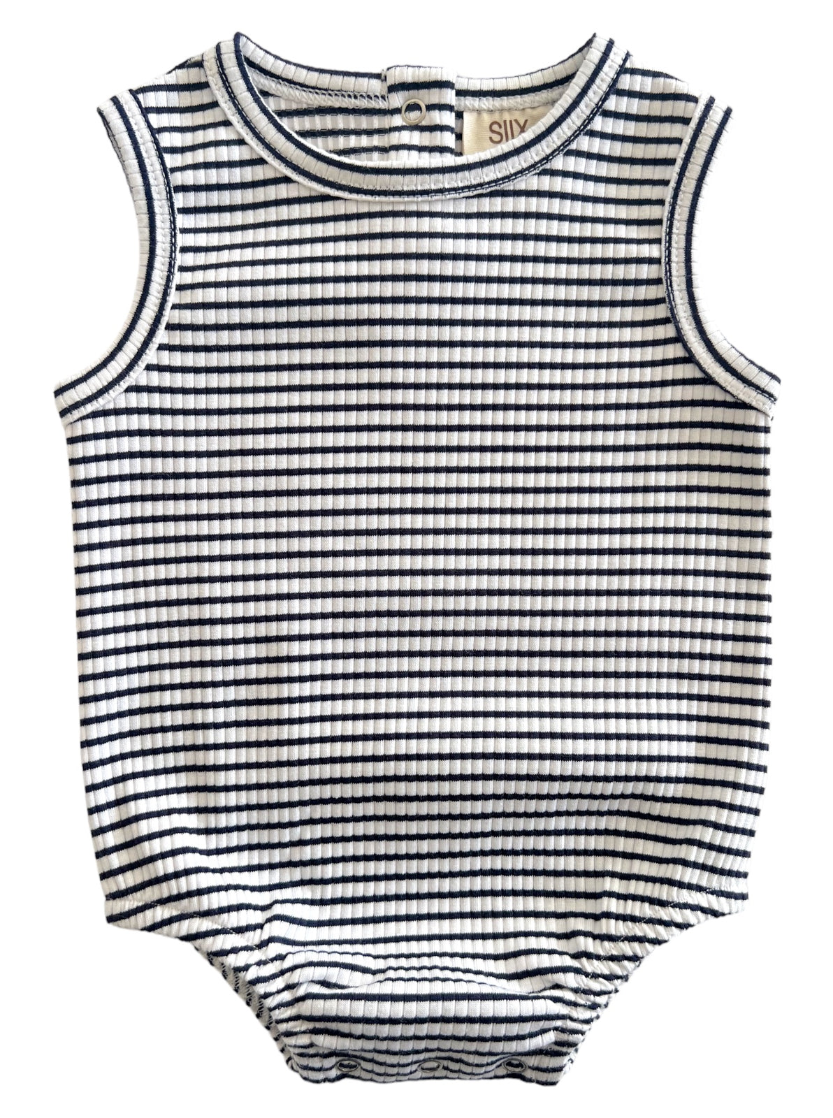 Striped sleeveless baby onesie in navy and white with snap closure at the back. Perfect for warm weather wear.
