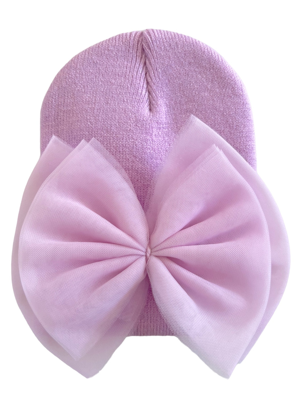 Pink beanie hat adorned with a large, soft, light pink tulle bow.