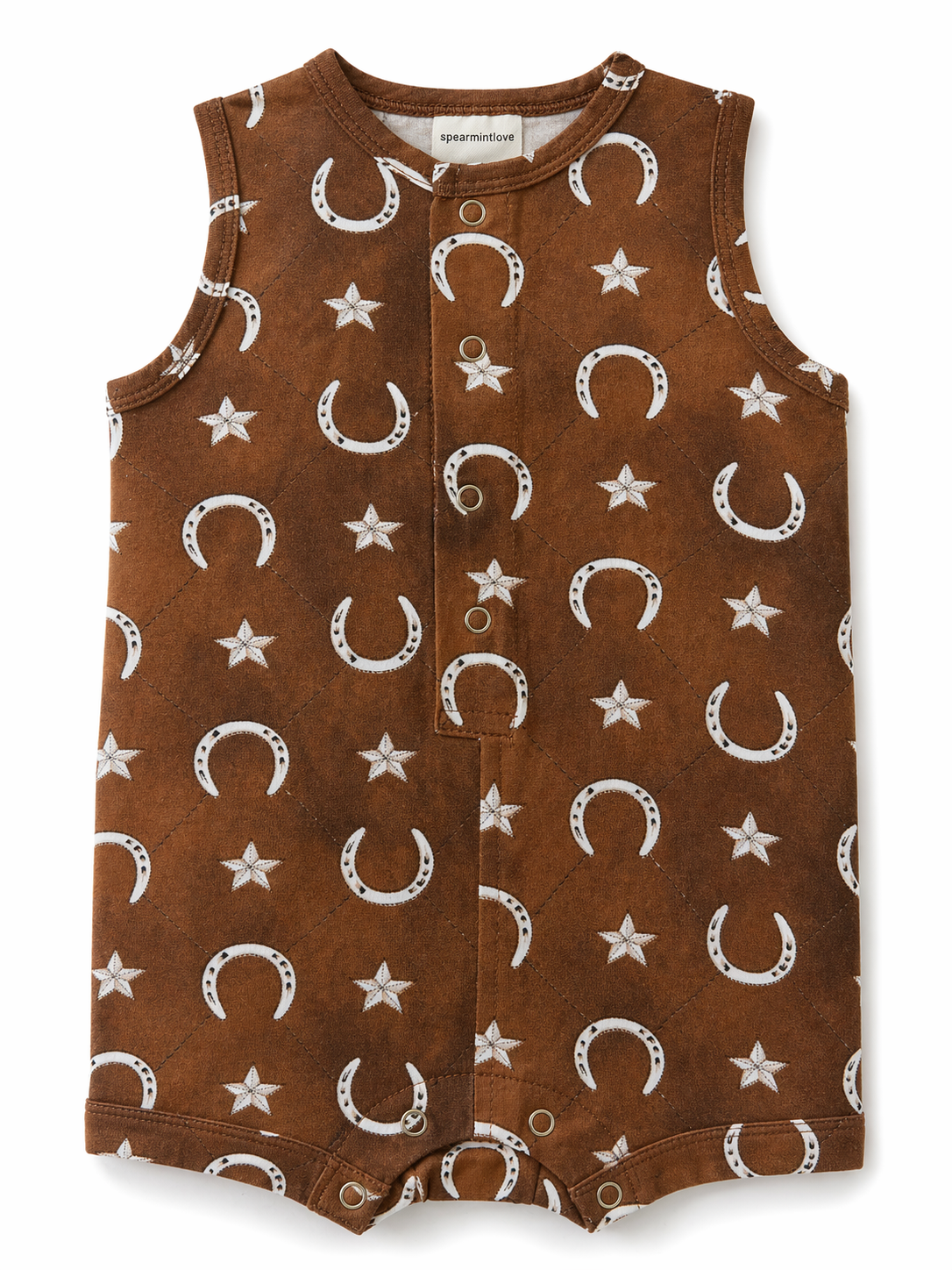 Brown toddler romper with white star and crescent moon print, featuring buttons and a soft fabric design.