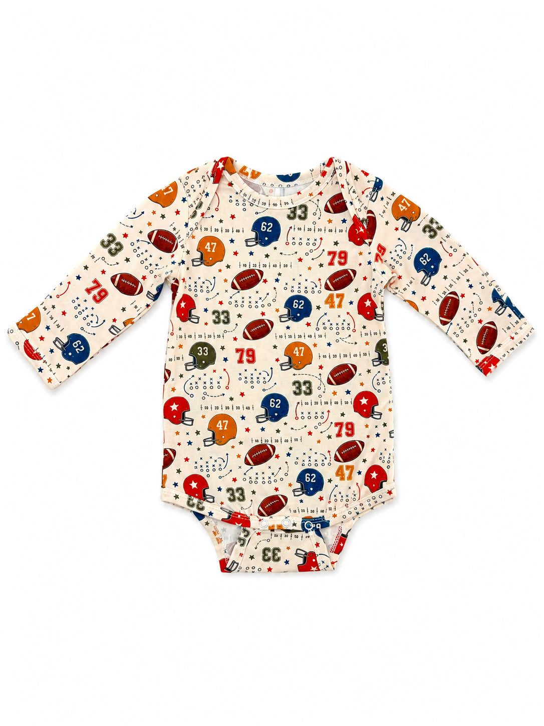 Cream-colored baby onesie with football and helmet patterns in various colors and numbers.