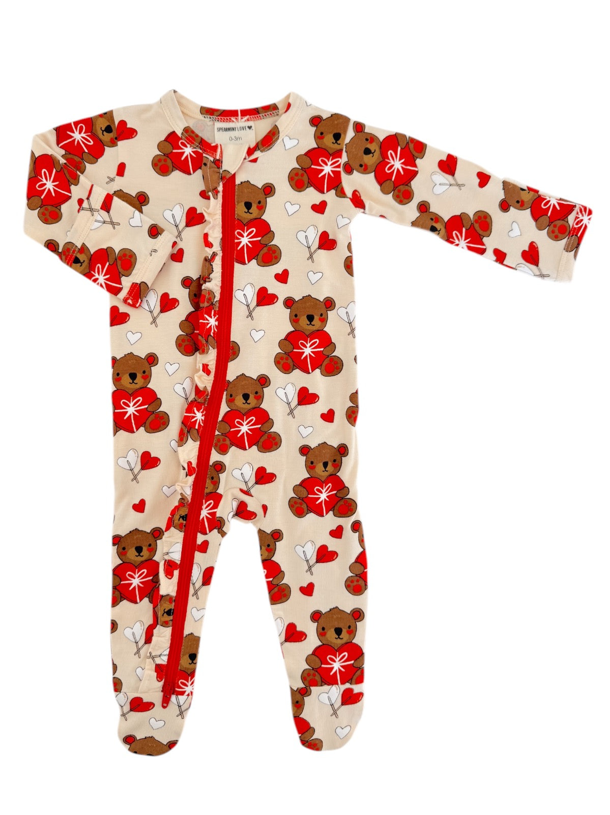 Toddler onesie featuring teddy bears and hearts, with a red zipper and long sleeves.