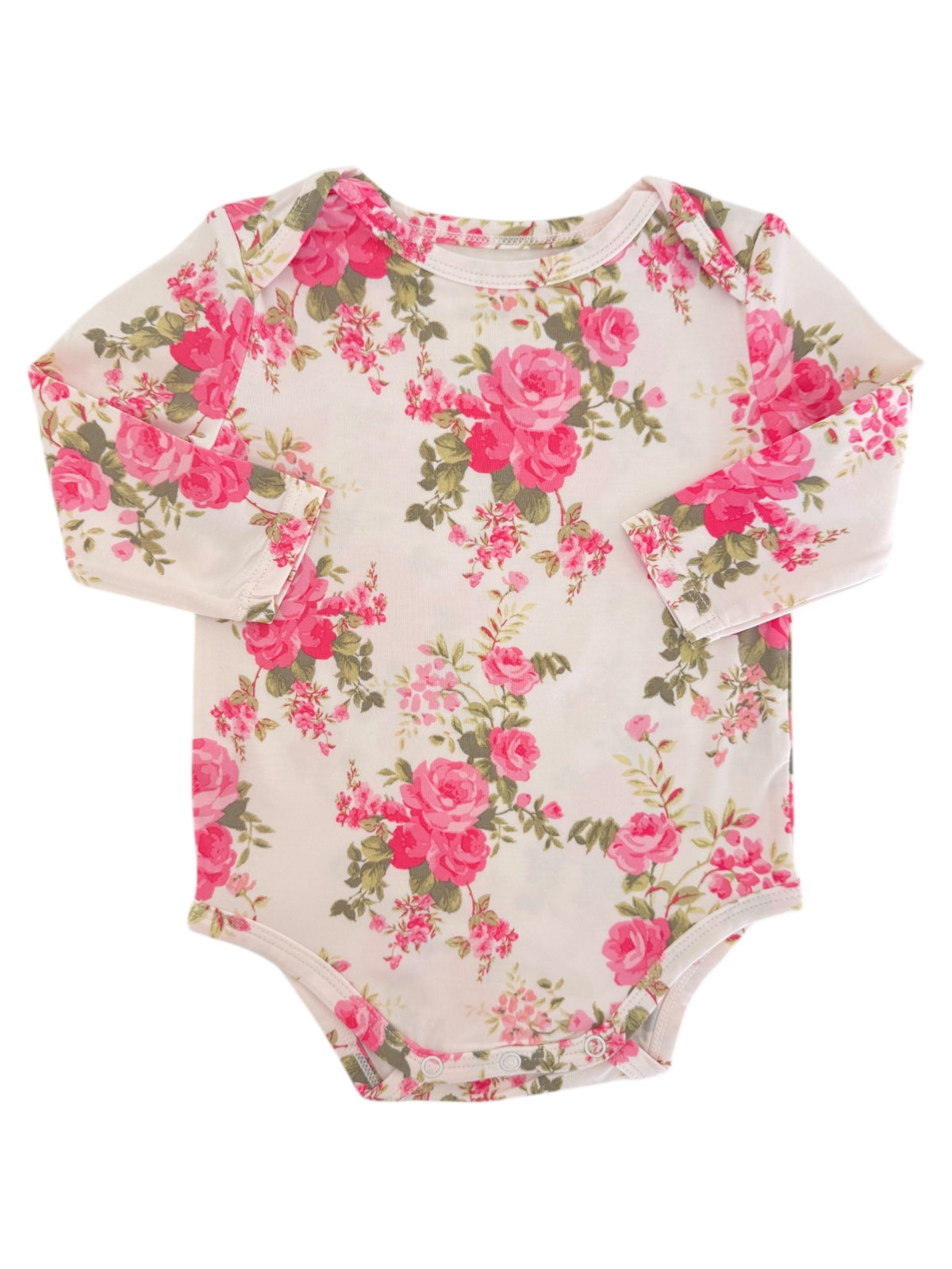 Floral long-sleeve baby bodysuit in pink and green on a light background, with snap closures at the bottom.