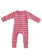 Pink baby onesie with red heart patterns and a front zip closure. Perfect for comfort and style.